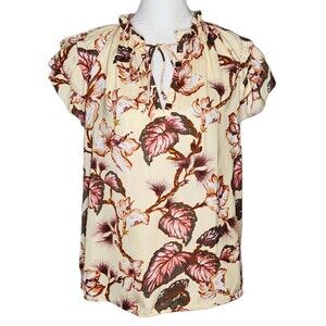 Philosophy Flutter Cap Sleeve Blouse Small Tie Split Neck Yellow Leaf Print NWT